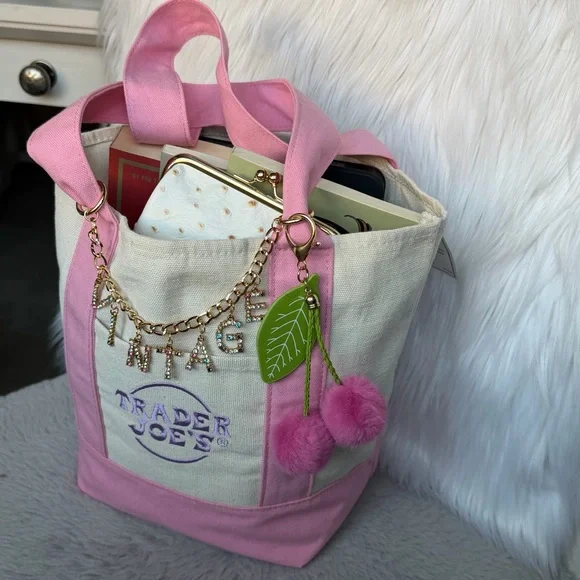 2026 Limited Edition Trader Joe’s Mini Pink Canvas Tote ‘VINTAGE’ & Cherry Charm - Picture 11 of 11